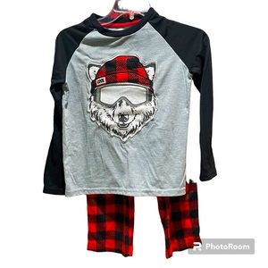 Sleep on It Boys 2 Piece Pajama Set Size 8 Plaid Pants Long Sleeve Top Cool Wolf